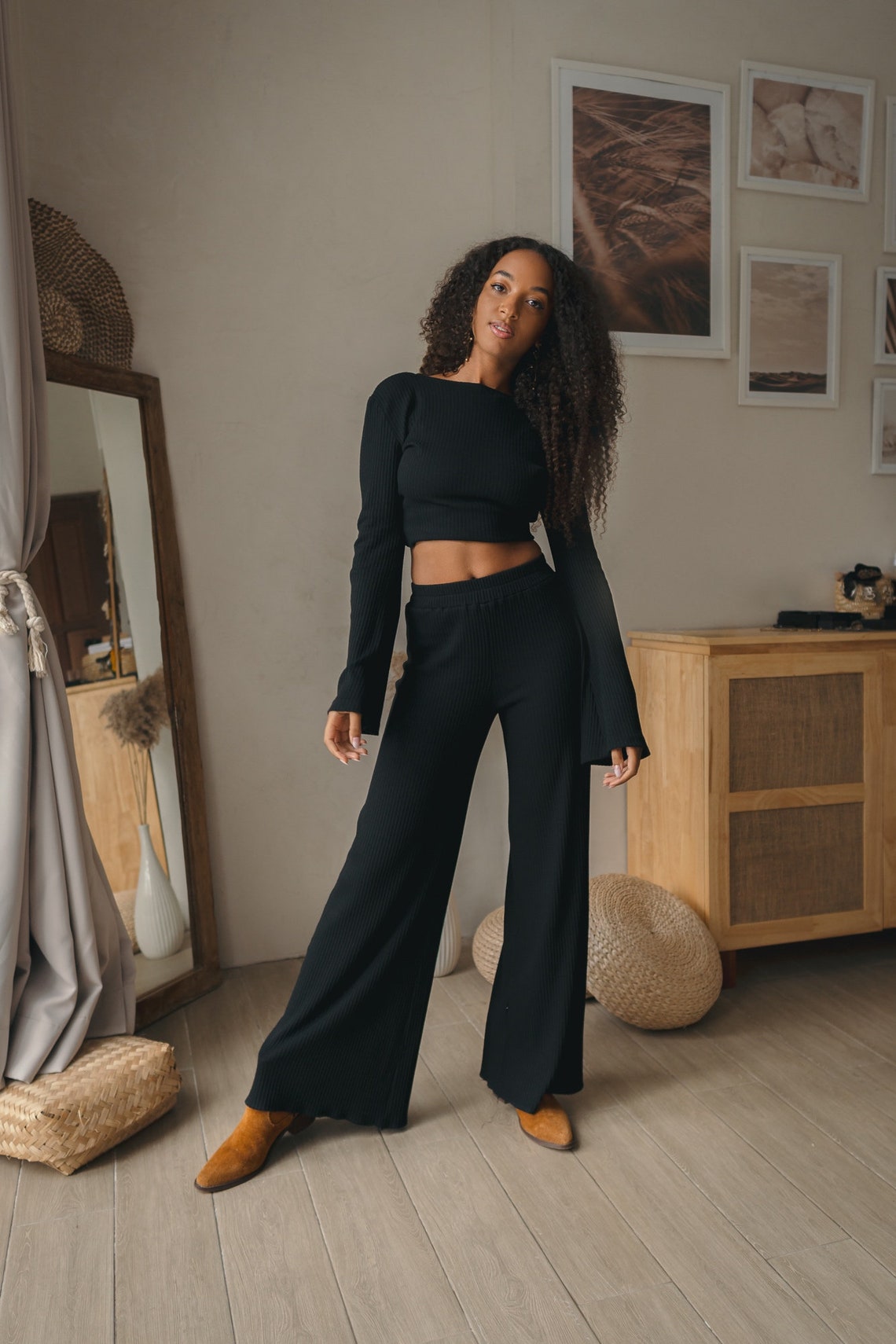 Women knitted black set with palazzo pants and wrap knitted top | Women knitted top with long flared sleeve | Long women palazzo flared pants