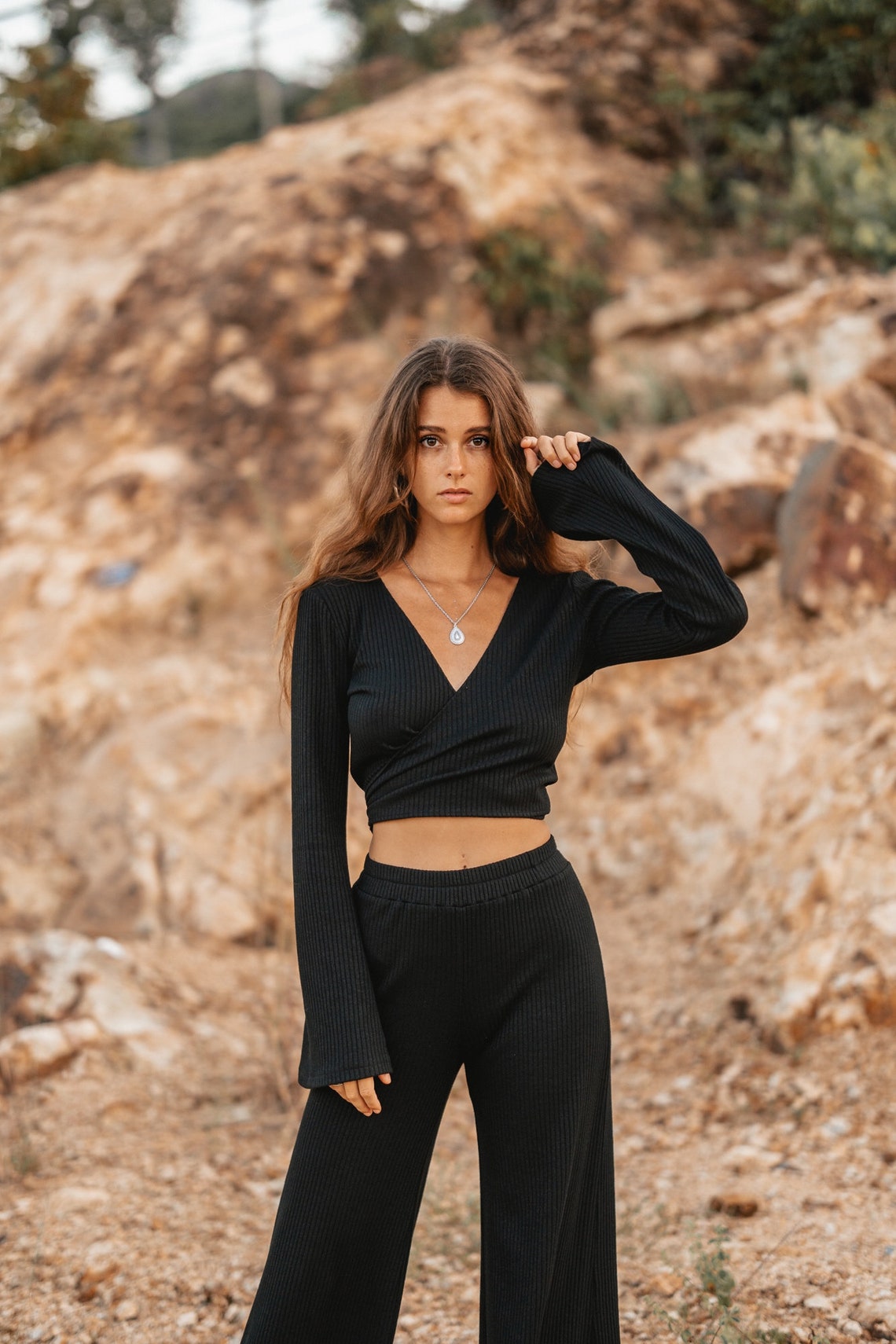 Women knitted black set with palazzo pants and wrap knitted top | Women knitted top with long flared sleeve | Long women palazzo flared pants