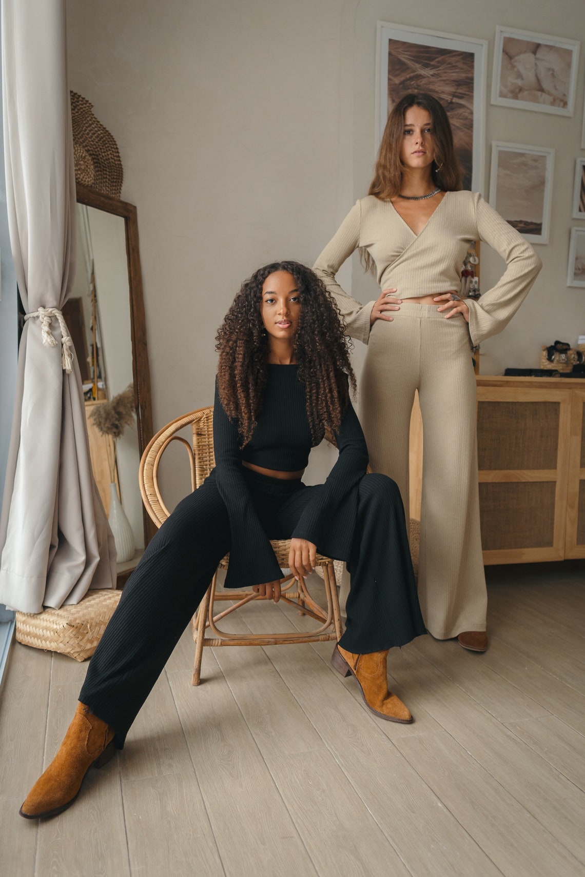 Women knitted beige set with palazzo pants and wrap knitted top, Women knitted top with long flared sleeve, Long women palazzo flared pants