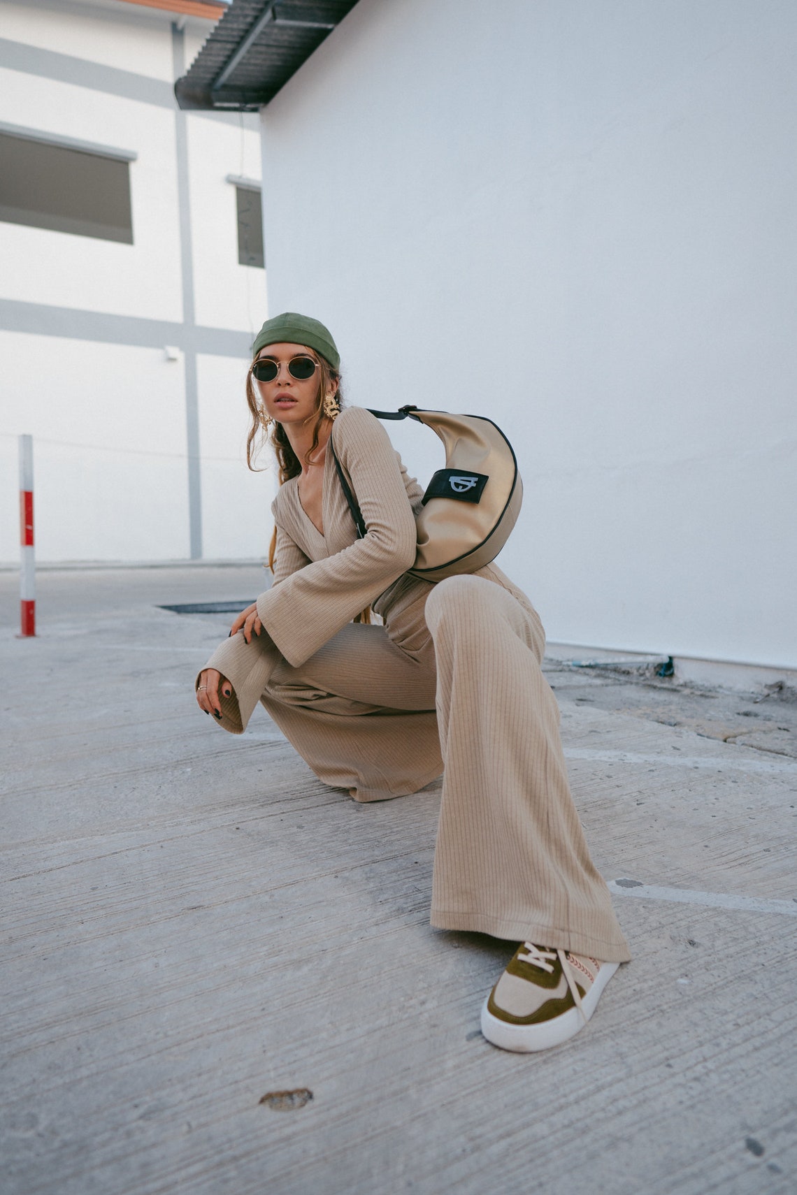 Women knitted beige set with palazzo pants and wrap knitted top, Women knitted top with long flared sleeve, Long women palazzo flared pants