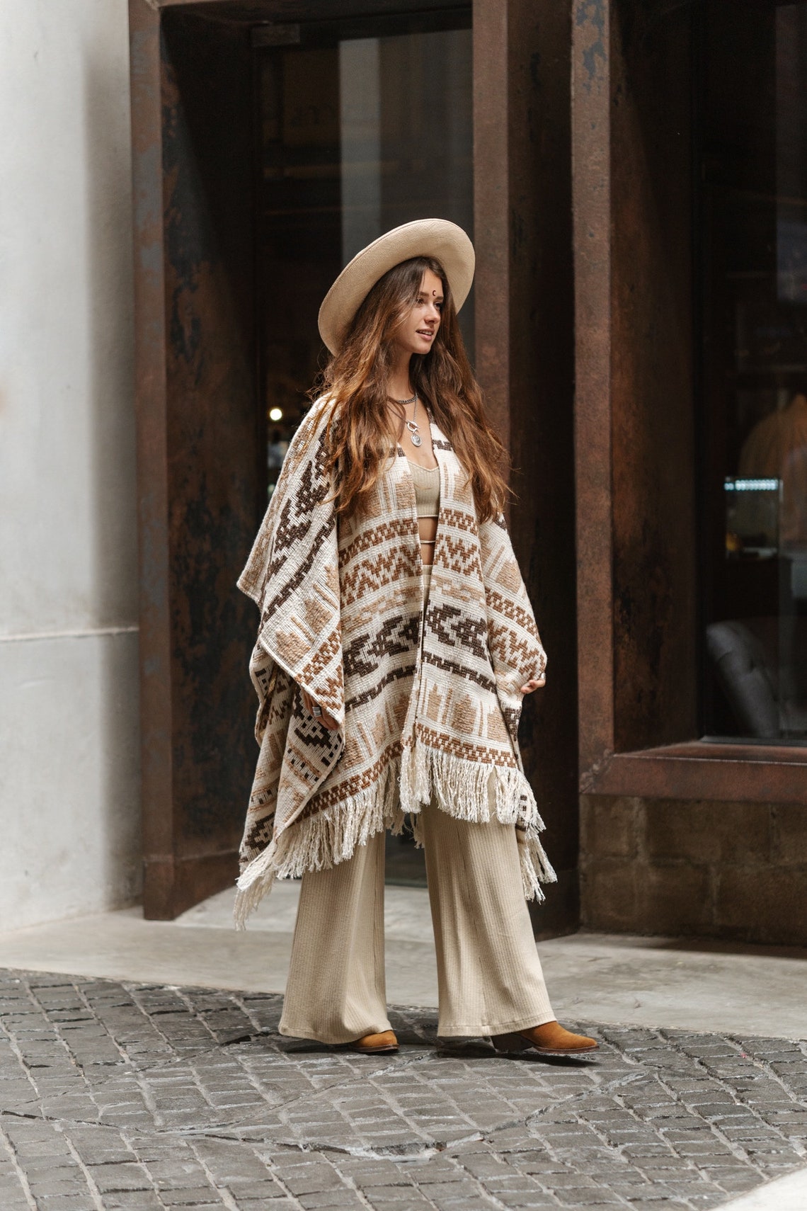 Unisex adult woolen poncho with ethnic print and fringe | Women white poncho | Man white poncho | Warm beige poncho with print Gift for her