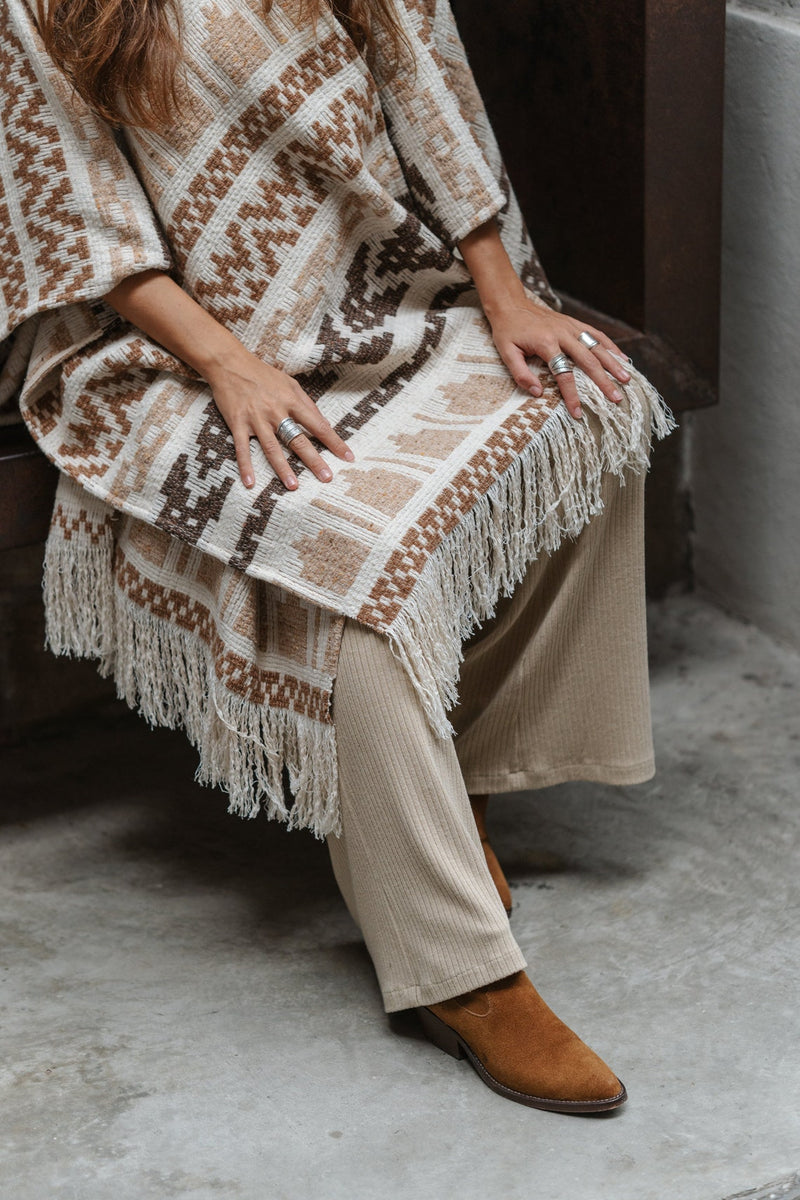 Unisex adult woolen poncho with ethnic print and fringe | Women white poncho | Man white poncho | Warm beige poncho with print Gift for her