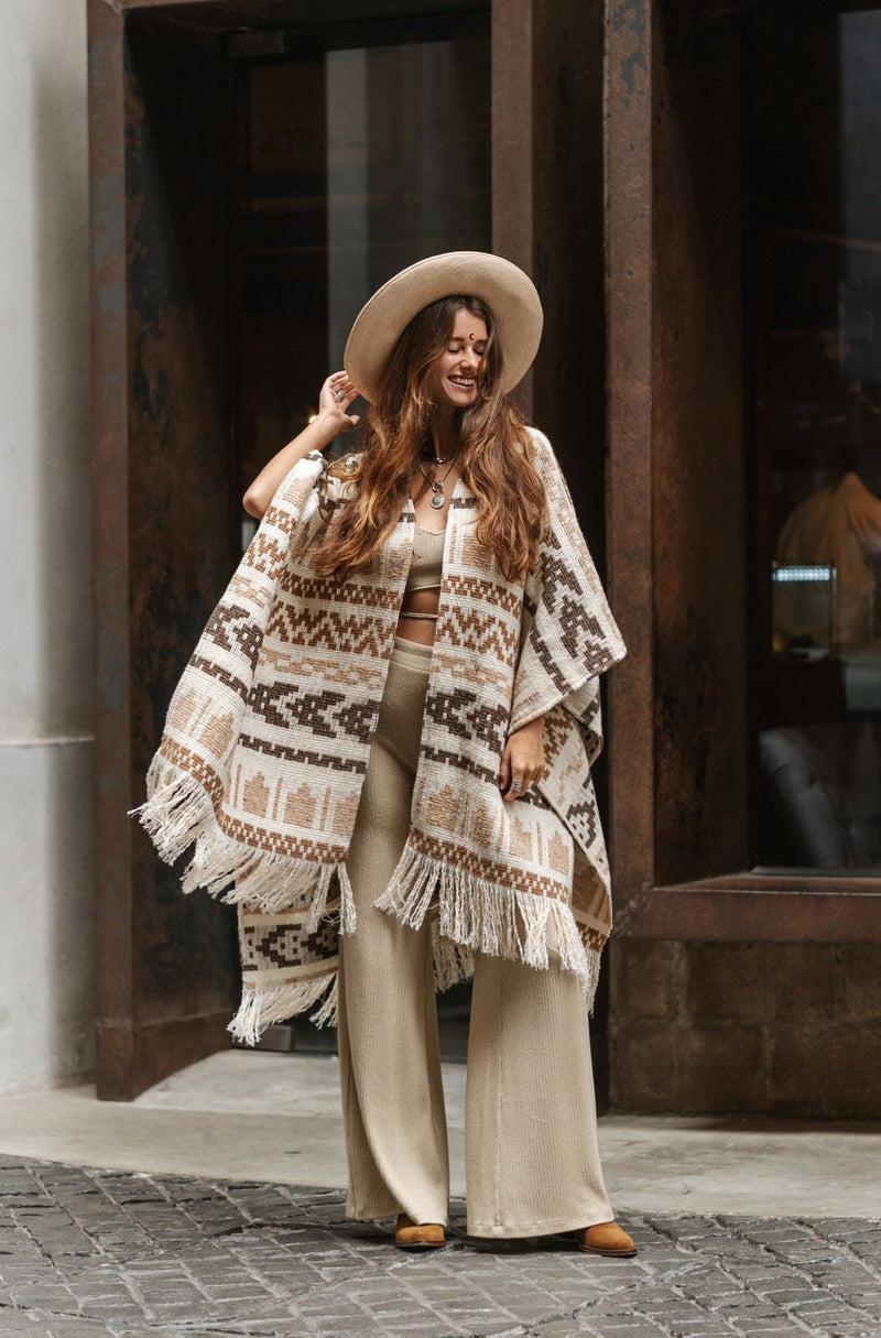 Unisex adult woolen poncho with ethnic print and fringe | Women white poncho | Man white poncho | Warm beige poncho with print Gift for her