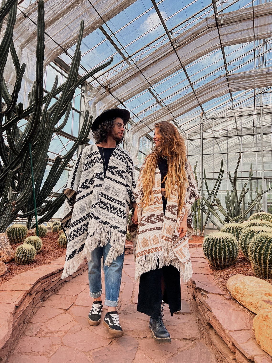 Couple unisex woolen poncho with fringe and ethnic print | Warm white poncho for couples | Gift for her | Gift for him