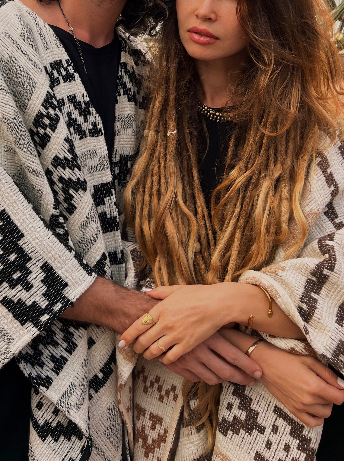 Couple unisex woolen poncho with fringe and ethnic print | Warm white poncho for couples | Gift for her | Gift for him