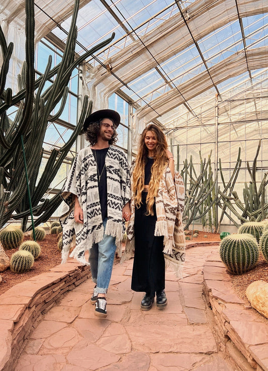 Couple unisex woolen poncho with fringe and ethnic print | Warm white poncho for couples | Gift for her | Gift for him