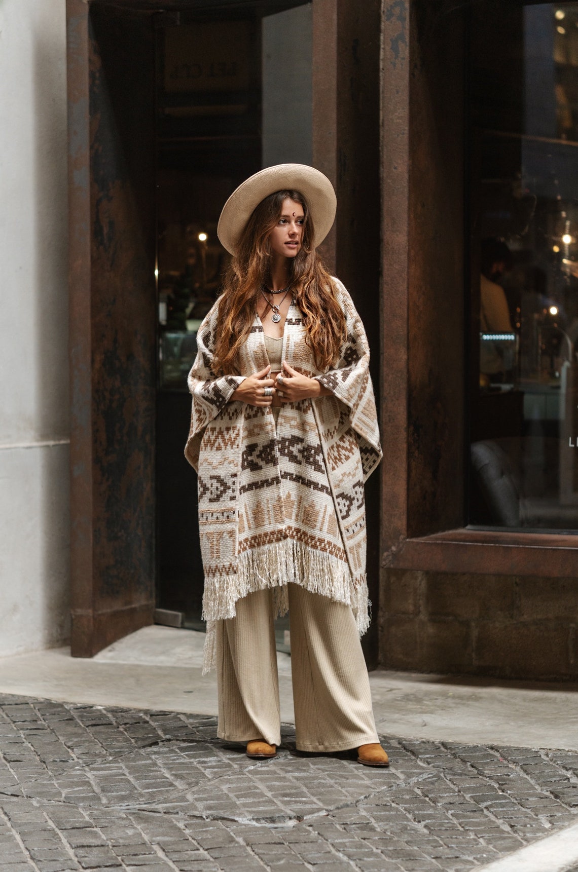 Unisex adult woolen poncho with ethnic print and fringe | Women white poncho | Man white poncho | Warm beige poncho with print Gift for her