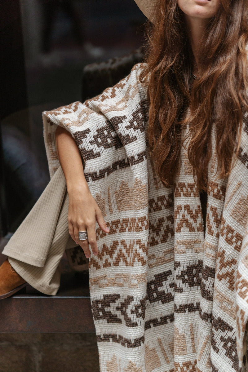 Unisex adult woolen poncho with ethnic print and fringe | Women white poncho | Man white poncho | Warm beige poncho with print Gift for her