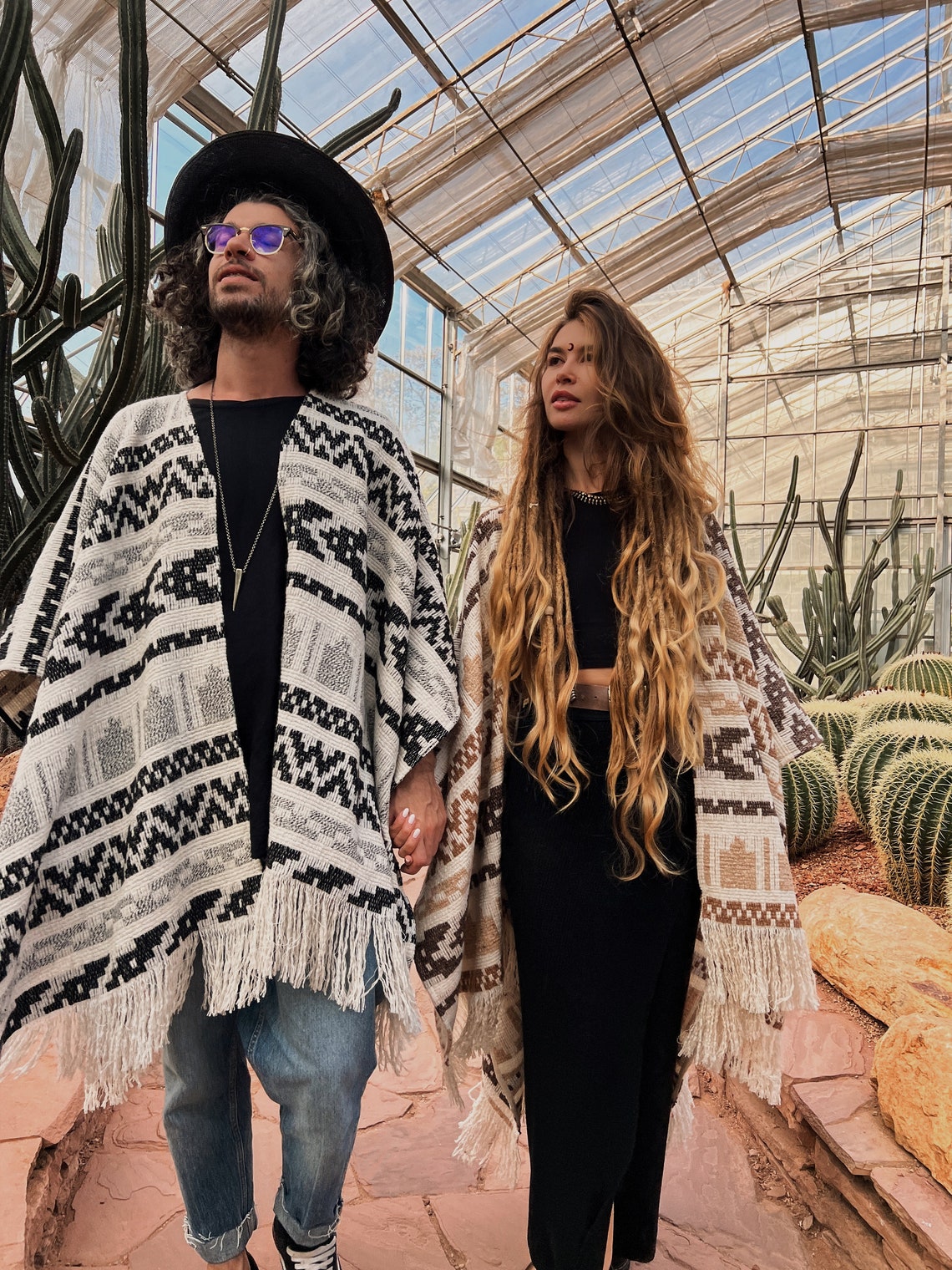 Couple unisex woolen poncho with fringe and ethnic print | Warm white poncho for couples | Gift for her | Gift for him
