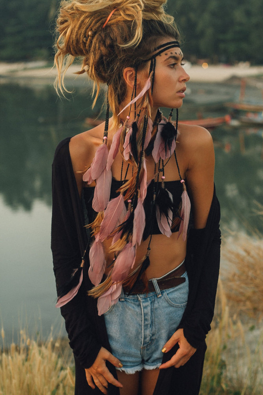 Pink and Black headpiece with feathers