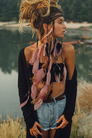 Pink and Black headpiece with feathers