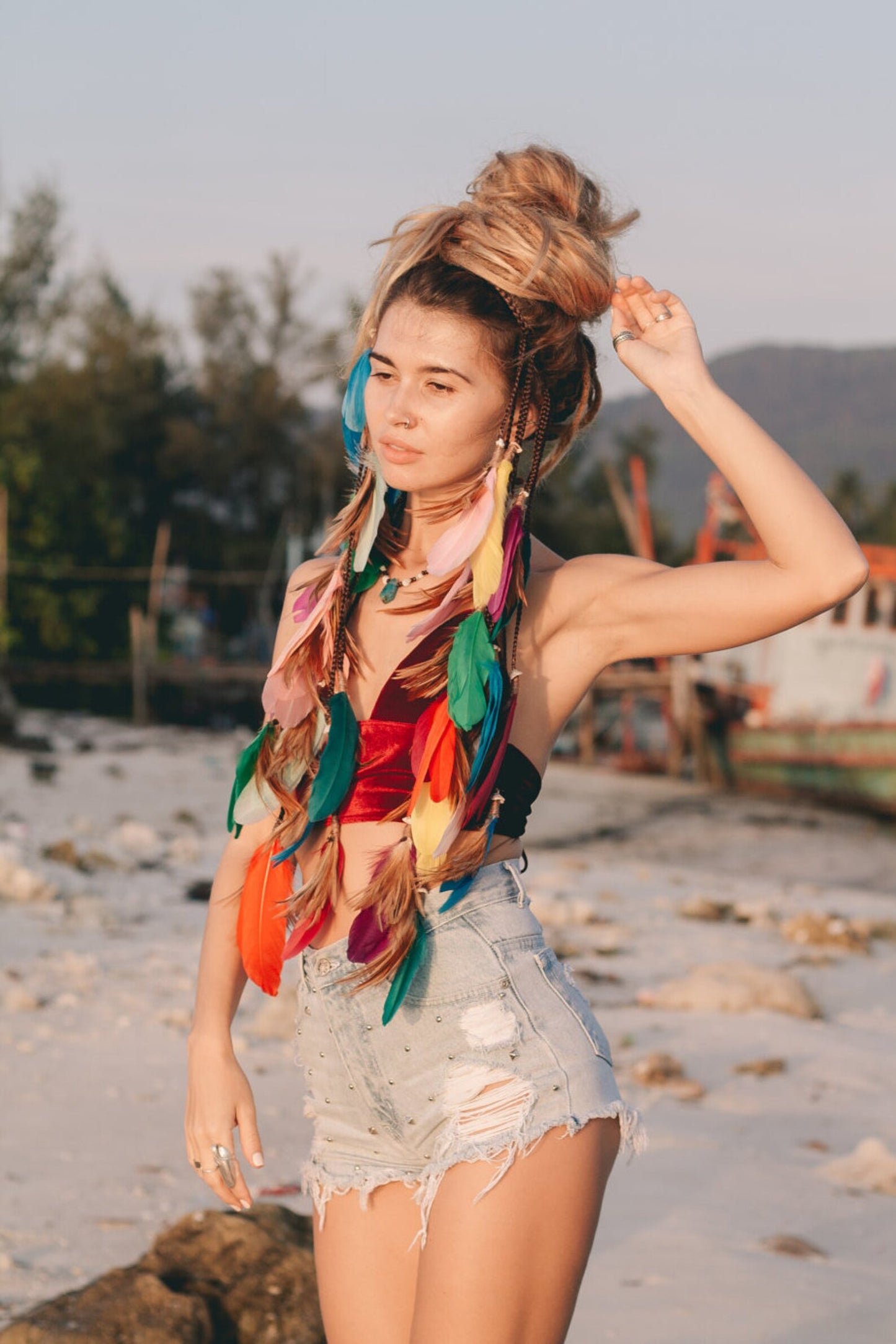 Multi colored headpiece with feathers