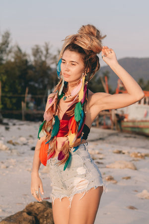Multi colored headpiece with feathers