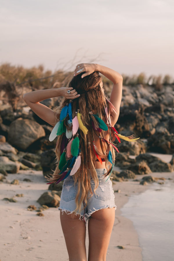 Multi colored headpiece with feathers