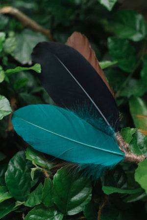 Turquoise headpiece with feathers and braids