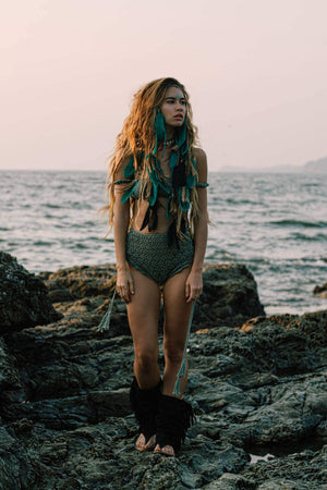 Turquoise headpiece with feathers and braids