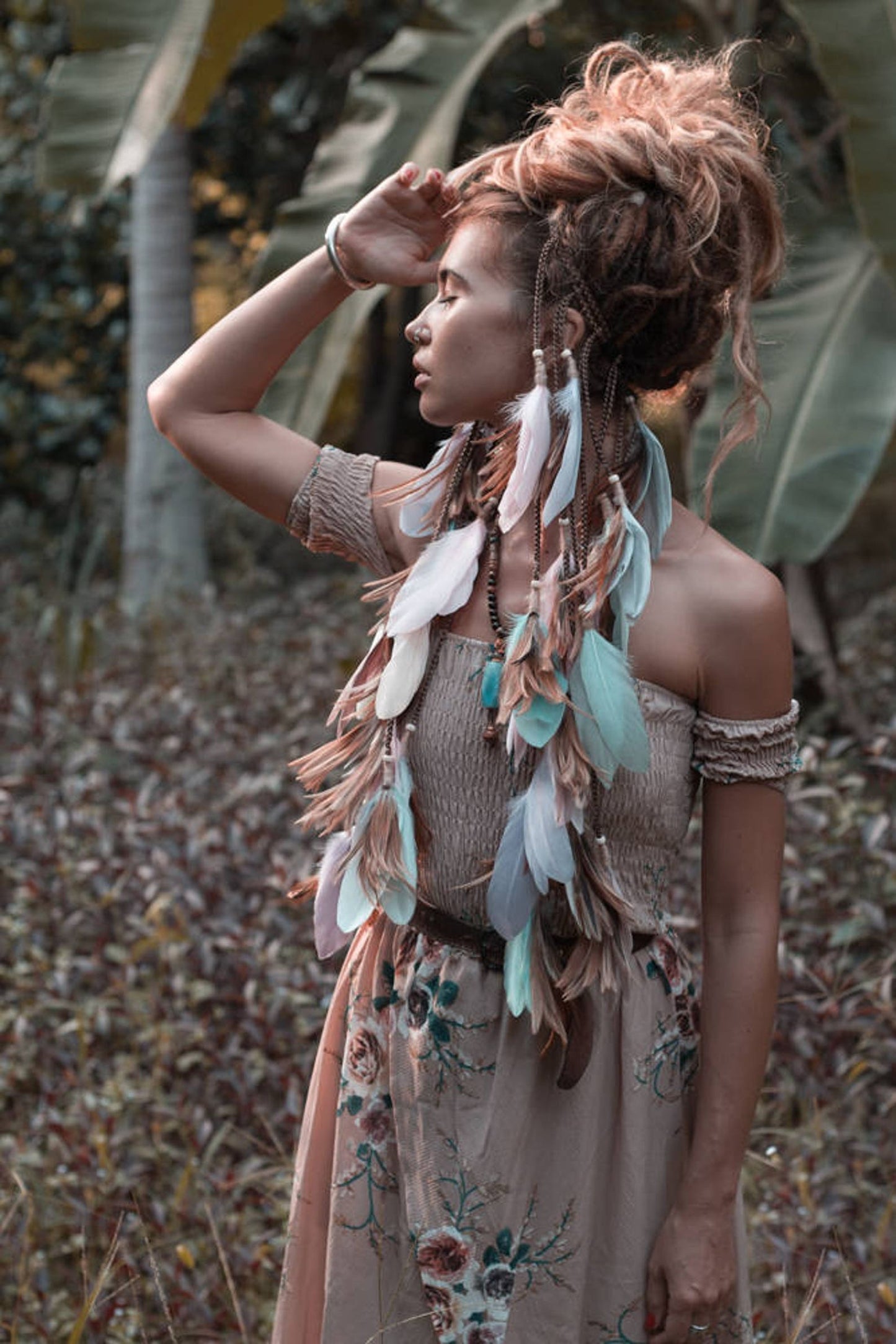 Pastel colours headpiece with feathers
