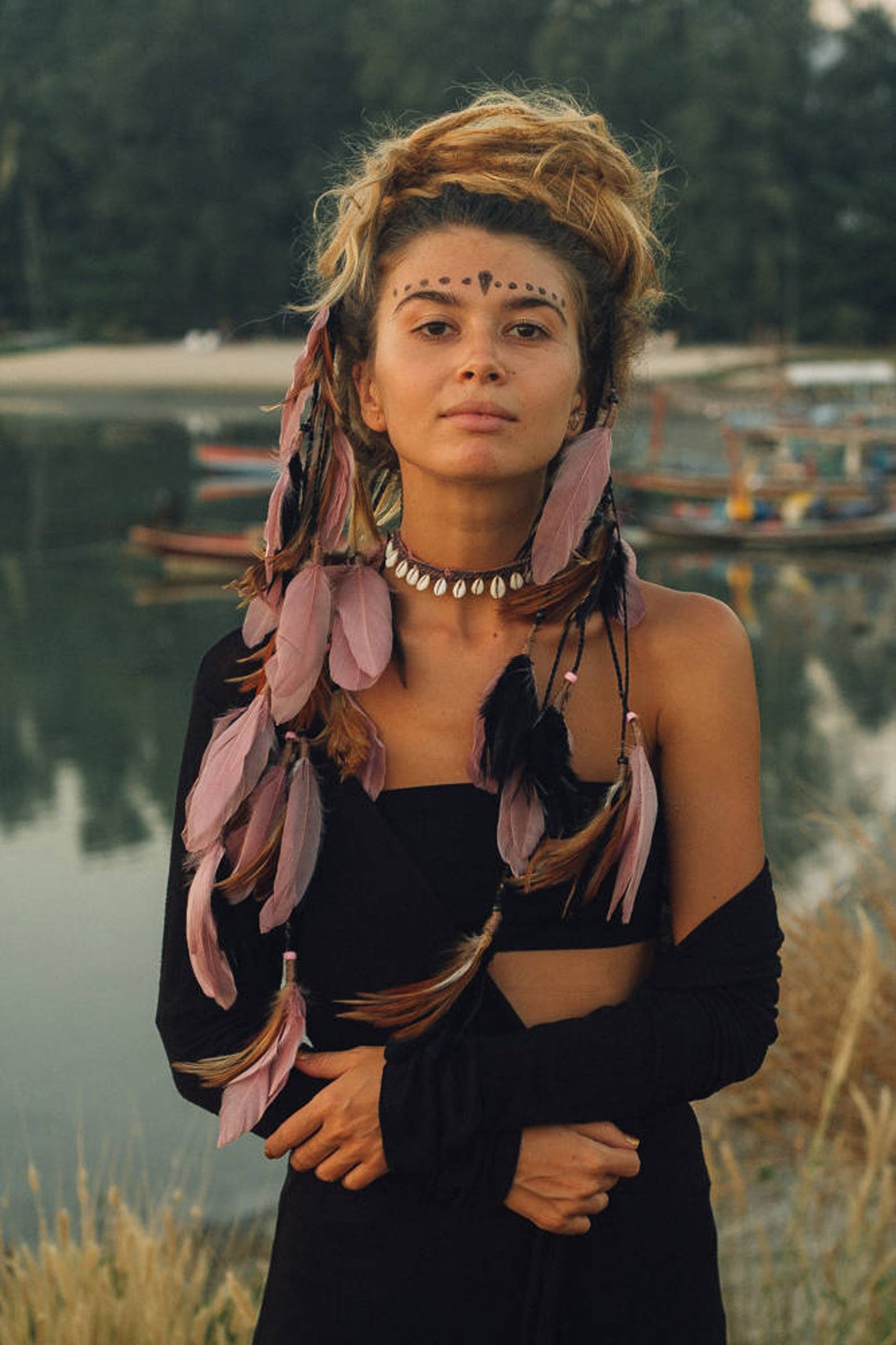 Pink and Black headpiece with feathers