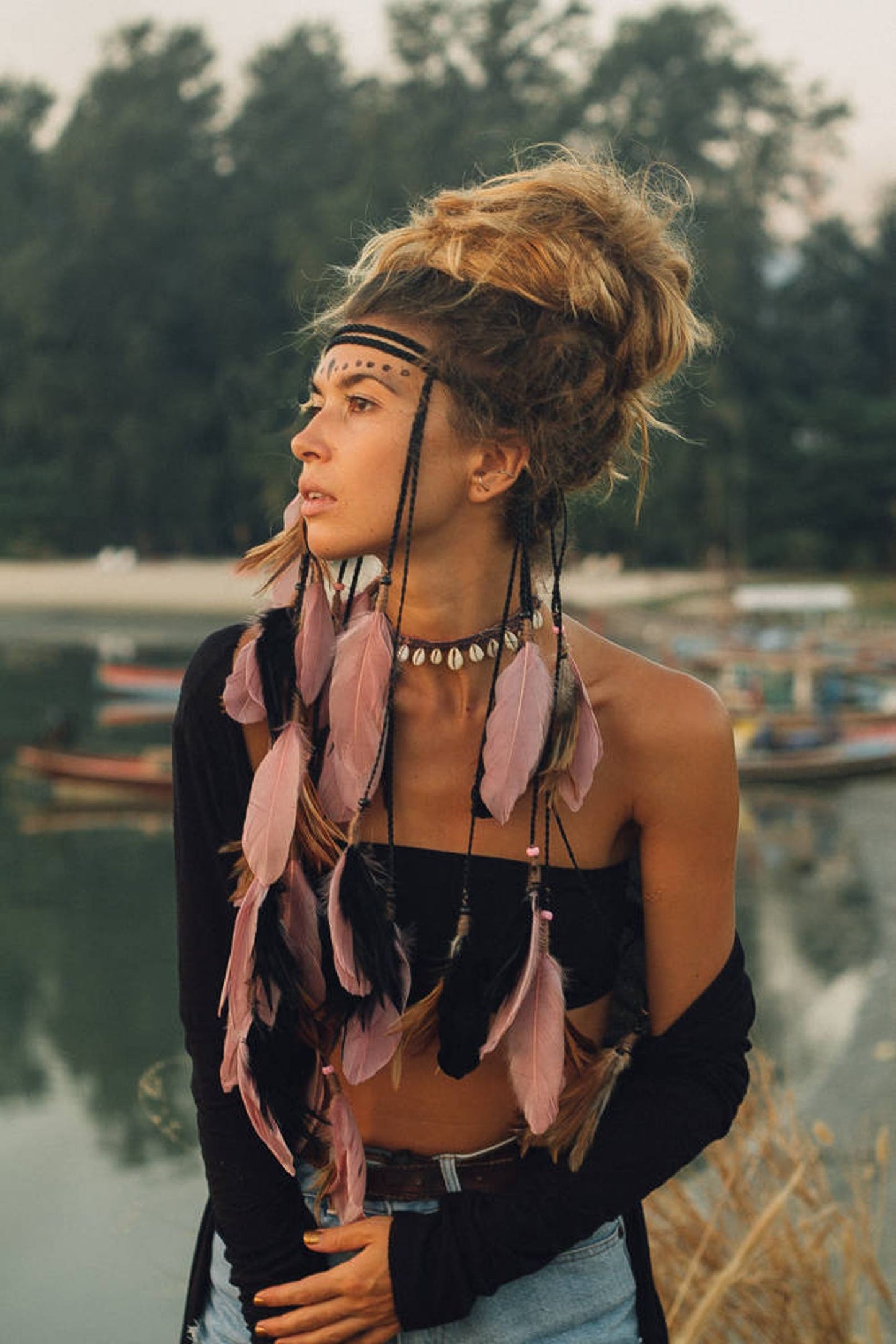 Pink and Black headpiece with feathers