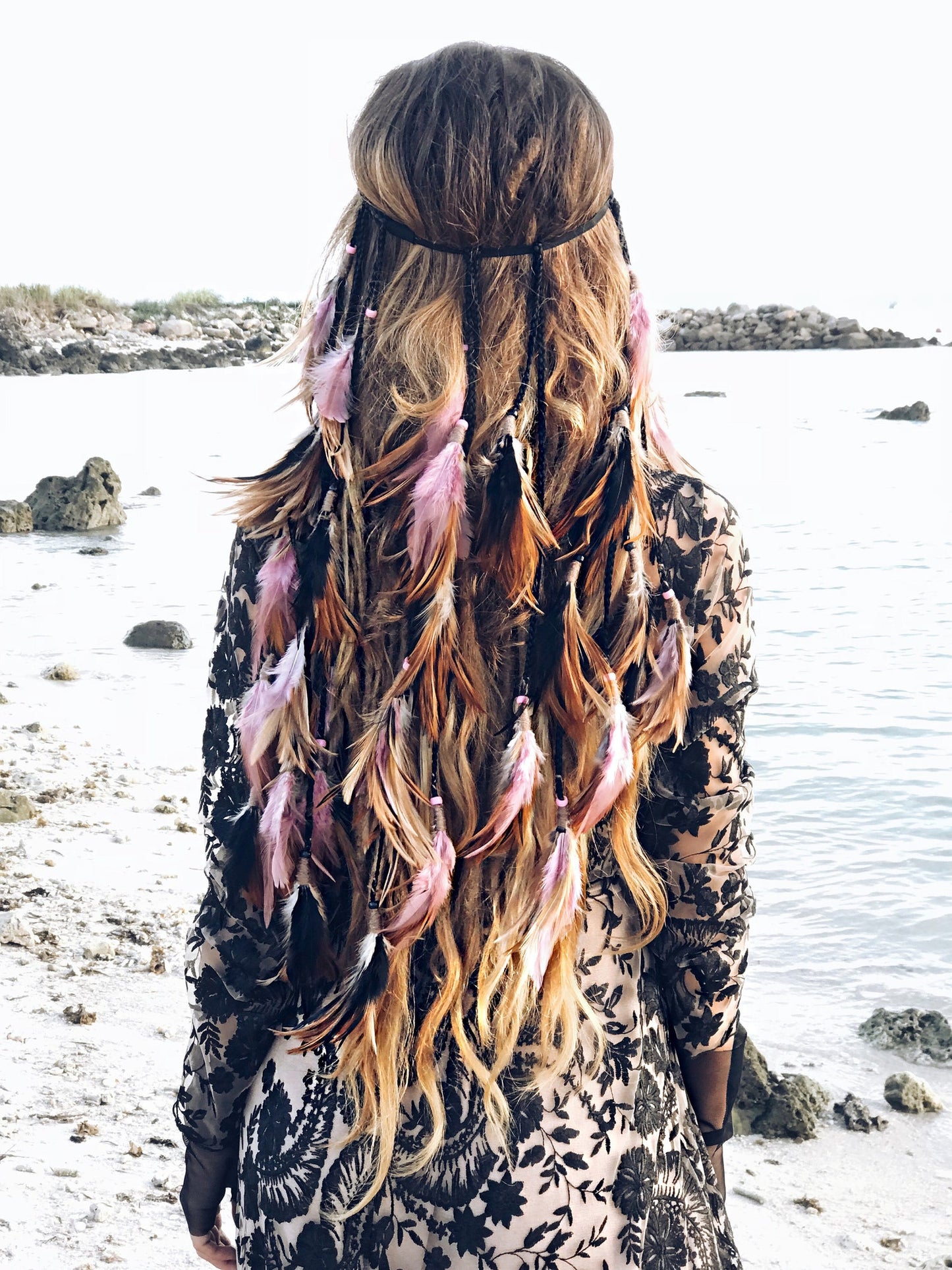 Pink and Black headpiece with soft feathers