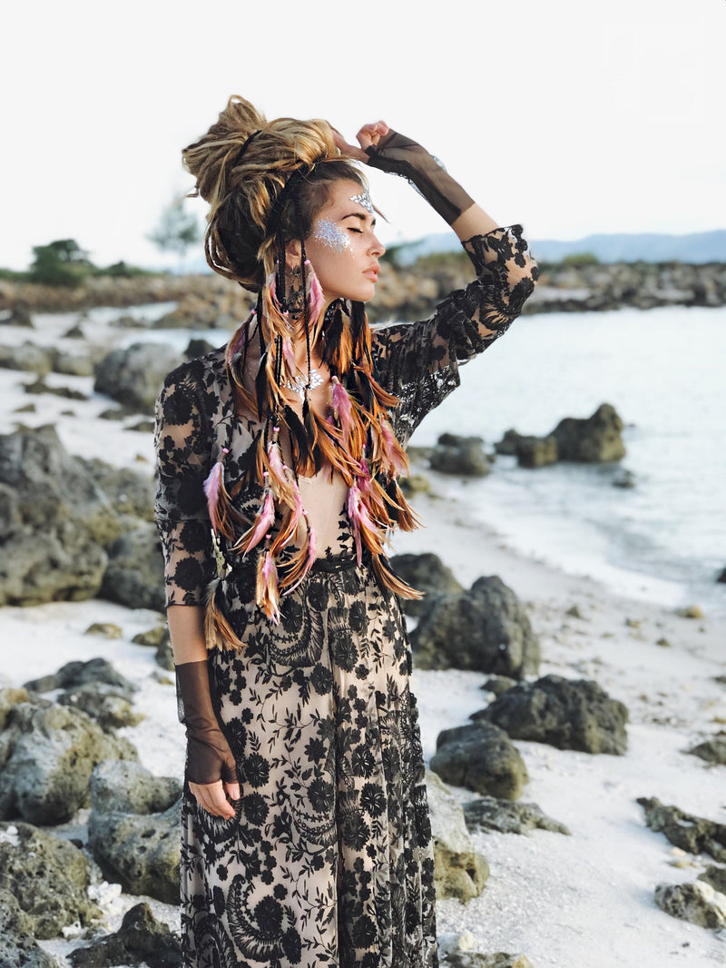 Pink and Black headpiece with soft feathers