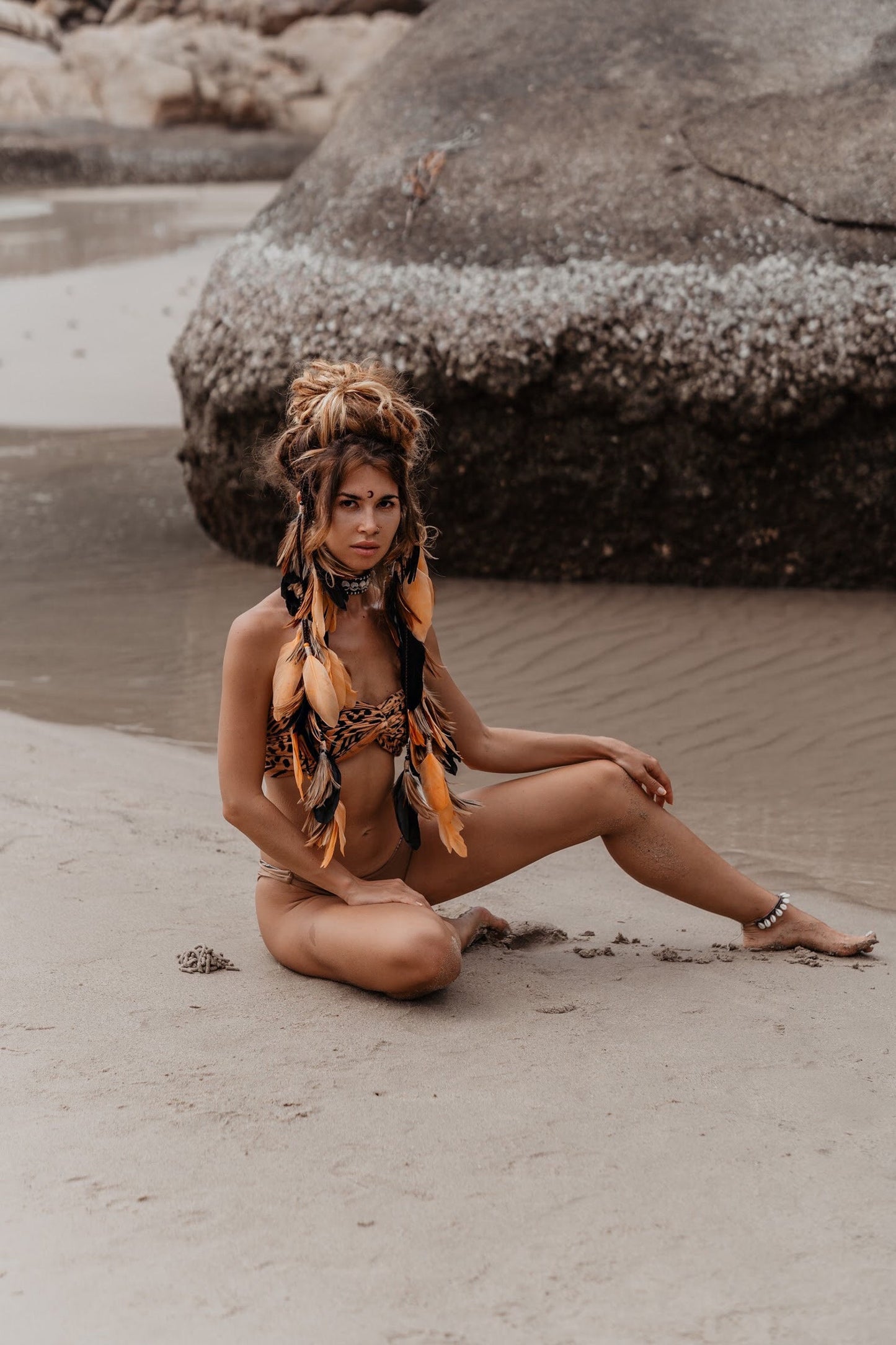 Orange and Black headpiece with feathers