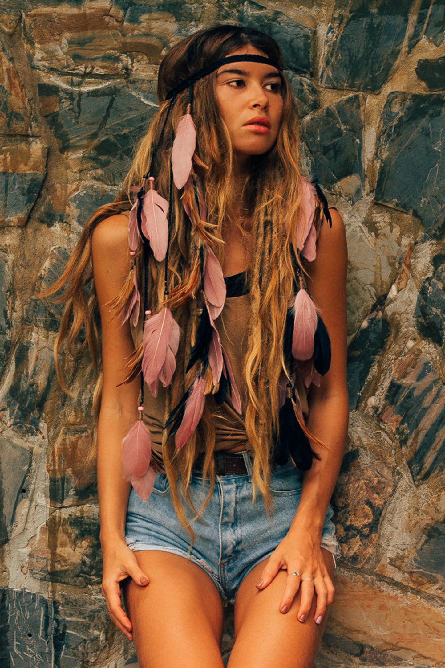 Pink and Black headpiece with feathers
