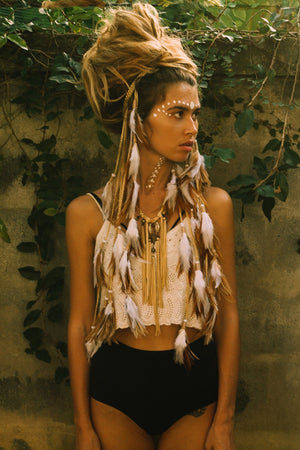 White headpiece with soft feathers